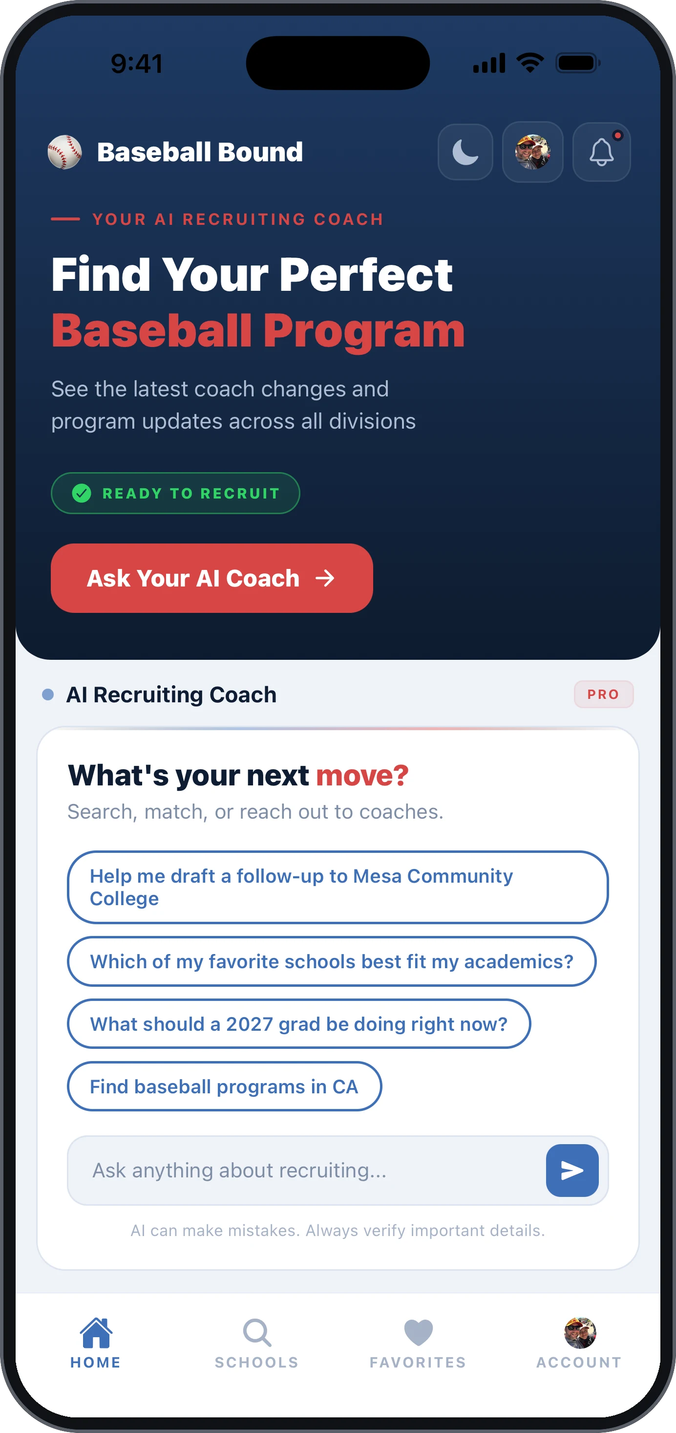 Baseball Bound AI recruiting coach screen in an iPhone