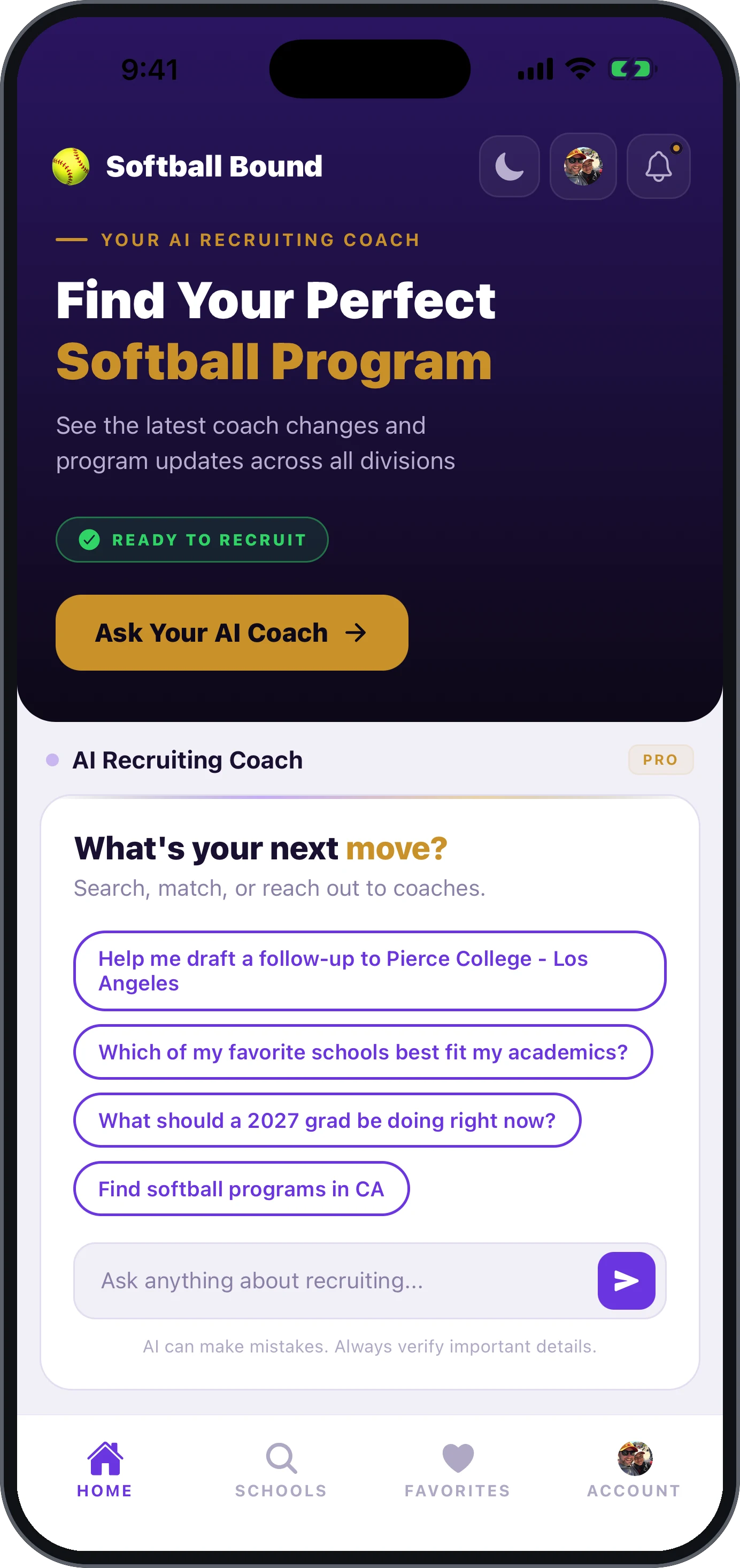 Softball Bound AI recruiting coach screen in an iPhone